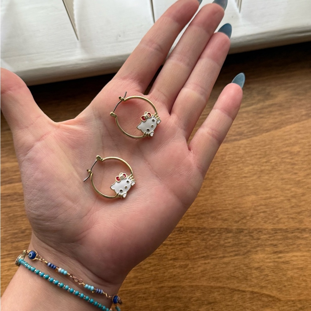 Gold and White Hello Kitty Hoop Earrings
